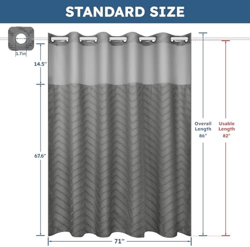 FADOTY Grey No Hook Shower Curtain Set with Snap in Liner, 71'' x 86''