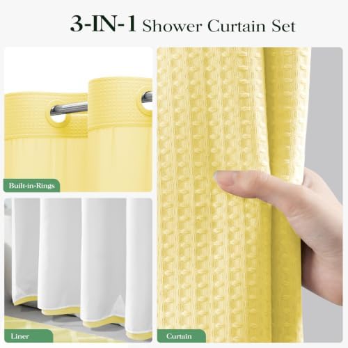 Dynamene Yellow Hook Free Waffle Shower Curtain & Snap Fabric Liner,72x75