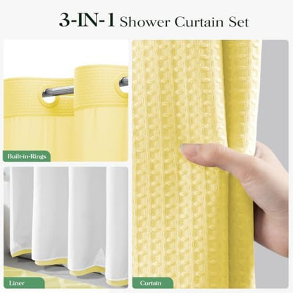 Dynamene Yellow Hook Free Waffle Shower Curtain & Snap Fabric Liner,72x75