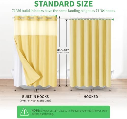 eachope No Hook Linen Texture Shower Curtain with Snap-in Liner,71x86 Gold