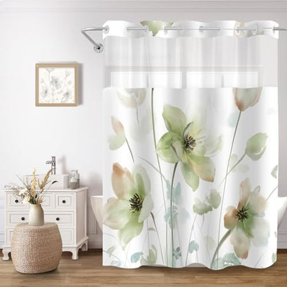 No Hook Shower Curtain and Liner Set, Light Green Floral 71x74