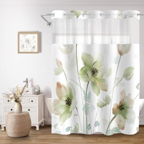 No Hook Shower Curtain and Liner Set, Light Green Floral 71x84