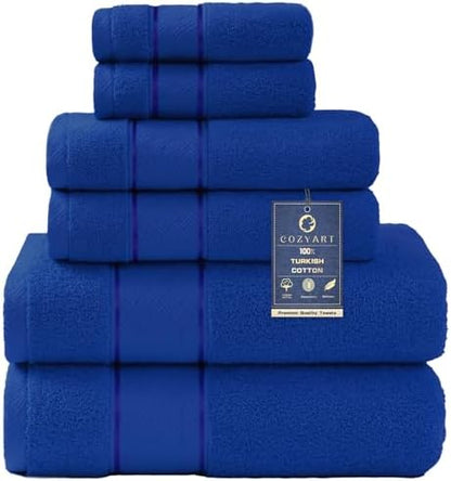 COZYART Bath Towel Set 6 PCS, Royal Blue Luxury 100% Turkish Cotton 650GSM