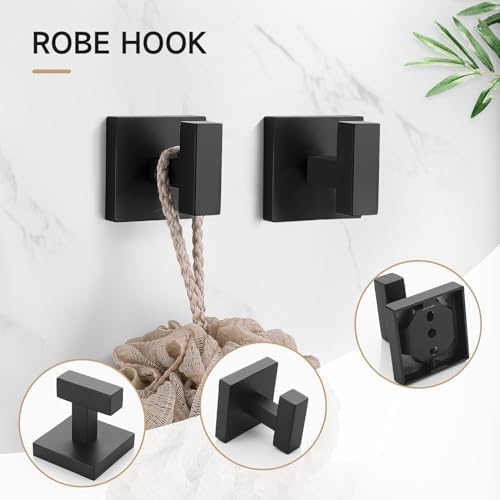 TQKAG Matte Black Bathroom Hardware Accessories Set 10 Pieces, 23.6" SUS304 Stainless Steel Towel Bar Set Wall Mounted Includes Single Towel Bar, Towel Ring, Toilet Paper Holder, Double Towel Hooks