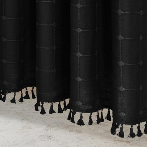 Boho Farmhouse Classic Plaid Linen Tassel Shower Curtain Black,72x78