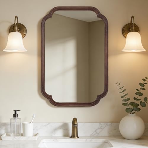 WallBeyond 20" x 30" Rounded Corner Arch Wall Mirror with Wood Frame for Entryway, Living Room or Bedroom Home Decor - Light Woodgrain [20" x 30" Walnut]