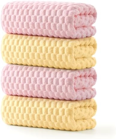 REDKISS Microfiber Bath Towels Set of 4-27x55 Inch Large Waffle Bath Towels for Body, Highly Absorbent, Super Soft, Lint Free Fluffy Shower Towel for Bathroom,Gym, Lightweight Towel Set Pink,Yellow
