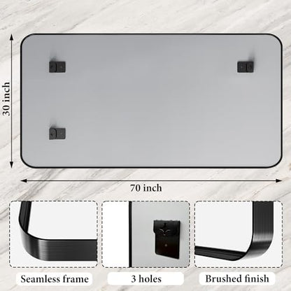72 x 30 Inch Black Metal Framed Bathroom Mirror for Wall, Matte Framed Rounded Rectangular Modern Mirrors for Over Sink, Anti-Rust, HD Tempered Glass, Farmhouse, Hangs Horizontally or Vertically