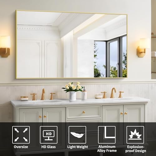 COFENY 30x55In Gold Bathroom Mirror for Wall, Brushed Gold Rectangle Mirrors with Metal Frame, Bathroom Rectangular Mirror Modern Wall Mirror for Bedroom Living Room, Hangs Horizontal or Vertical