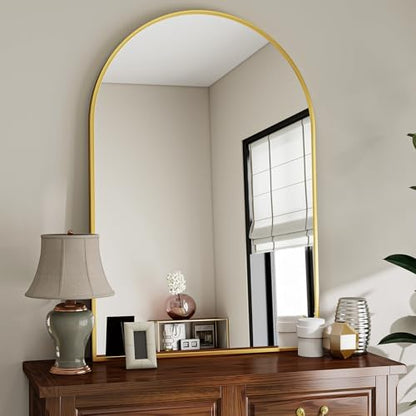 VooBang Arched Wall Mirror, 26 x 41 inch Arch Bathroom Mirror, Wall Mounted Vanity Mirror with Arch Metal Frame, Modern Bathroom Vanity Mirror for Bedroom, Living Room, Hanging or Leaning, Gold