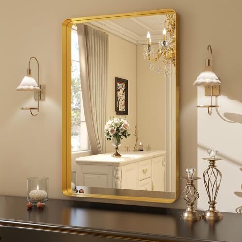 Easly 36 x 24 Inch Gold Bathroom Mirror for Wall,Aluminum Alloy Frame Rectangular Wall Mounted Mirror for Farmhouse Decor Horizontal or Vertical Ideal for Bedroom, Living Room