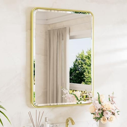 TETOTE Brushed Gold Mirror 20 x 30 Beveled Edge Tempered Glass, Rounded Corner Rectangle Bathroom Mirror for Over Sink for Modern Bathroom, Living Room, Bedroom, Entryway