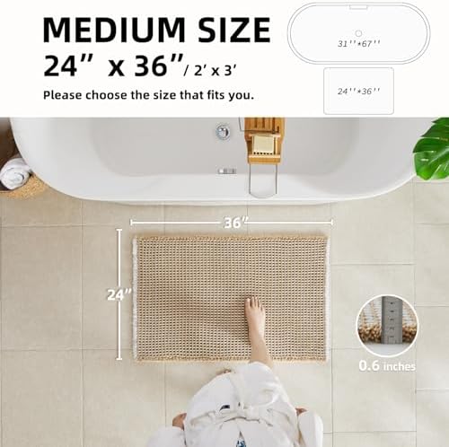 TYUU Waffle Bath Mat, Boho Bathroom Rugs Non Slip, 36x24 Khaki & White