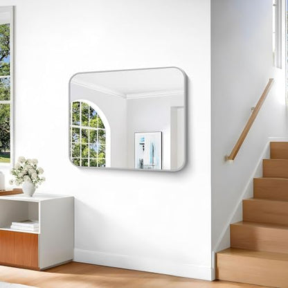Silver Bathroom Mirror, 30 x 36 Inch Metal Framed Silver Rectangle Mirror, Rounded Corner Rectangular Vanity Mirror, Wall Mounted Mirror for Living Room Bedroom Entryway Horizontal/Vertical