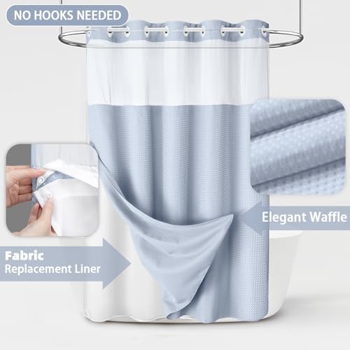 No Hook Shower Curtain with Liner Set Hotel Waffle Mist Blue 72W X 75L