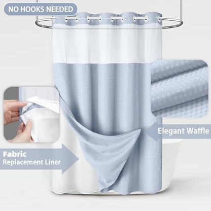 No Hook Shower Curtain with Liner Set Hotel Waffle Mist Blue 72W X 75L