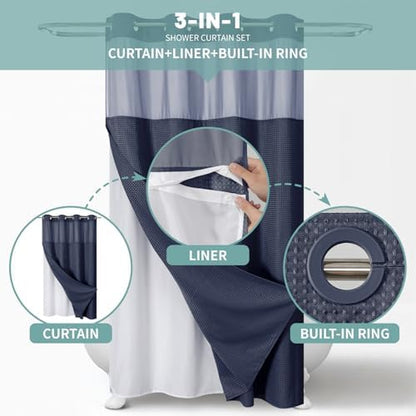 eachope No Hook Waffle Shower Curtain with Snap-in Liner, 54x80 Inch, Navy