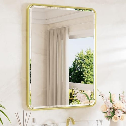TETOTE Brushed Gold Framed Vanity Mirror 24 x 32 Beveled Edge Tempered Glass, Rounded Corner Rectangle Bathroom Mirror for Over Sink for Modern Bathroom, Living Room, Bedroom, Entryway
