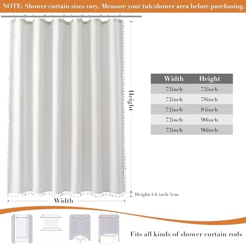 Nanspring Beige White Boho Linen Shower Curtain 78 Inch Long Weighted Tassel Chic Fancy Vintage Country Fabric Shower Curtain Set with Hooks Modern Neutral Decorative Bath Accessories Decor 72x78