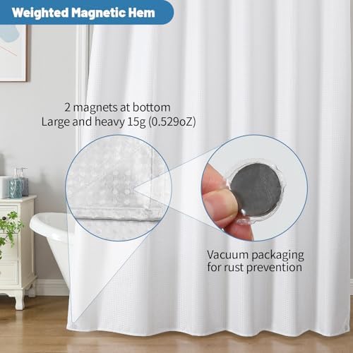 2-in-1 Waterproof Fabric Shower Curtain - No Separate Liner Needed, Hotel-Style Waffle Weave, Effortless Cleaning & Washable Bathroom Shower Curtain Set,60Wx84H,White