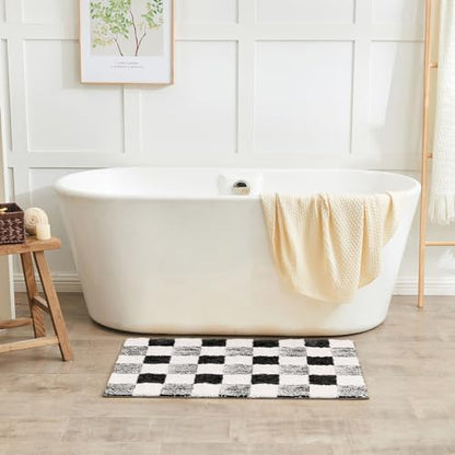 CozeCube Jet Black Checkered Bath Runner 59"x24" Non Slip Washable Rug