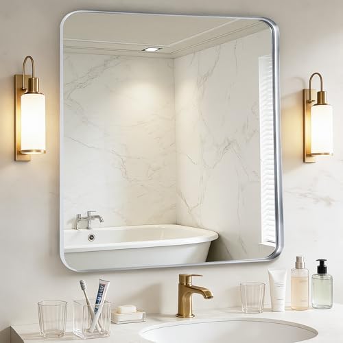Silver Bathroom Vanity Mirror Over Sink 28x28, Wall Square Mirror, Chrome