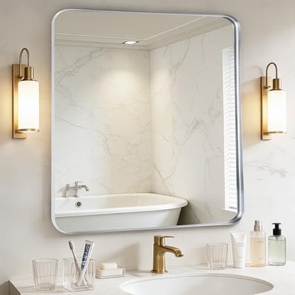 Silver Bathroom Vanity Mirror Over Sink 28x28, Wall Square Mirror, Chrome