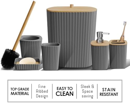 Clara Clark Bathroom Set - Grey Bathroom Accessories Set, 6PC Bathroom Accessory Set, Bathroom Sets with Adhesive Corner Shower Caddy Hanging, Toilet Brush, Trash Can & Soap Dispenser
