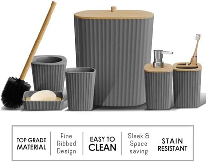 Clara Clark Bathroom Set - Grey Bathroom Accessories Set, 6PC Bathroom Accessory Set, Bathroom Sets with Adhesive Corner Shower Caddy Hanging, Toilet Brush, Trash Can & Soap Dispenser
