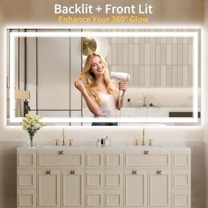 28"x60" LED Bathroom Mirror with Lights, Anti-Fog, Backlit + Front Lit, Dimmable, Led Vanity Mirror for Wall, Lighted Bathroom Mirror, 3 Colors, Shatter-Proof Tempered Glass