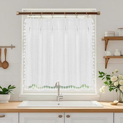 Seenus Boho Farmhouse Window Curtain with Tassels, 30 x 24 Inch Light Filtering Sheer Short Cafe Window Curtain Tier, White Linen Textured Pleated Small Window Drape for Kitchen or Bathroom, 1 Panel