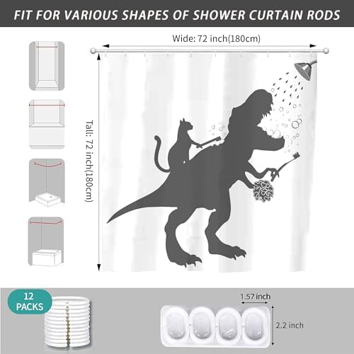 Funny Dino Dinosaur Cat Kids Boy Fun Shower Curtain for Bathroom 72W*72H Inch Trex Raptor Silhouette Bathing Cartoon Animal Shadow Bathtub Decor Teen Cute Waterproof Polyester Fabric Set with 12 Hooks