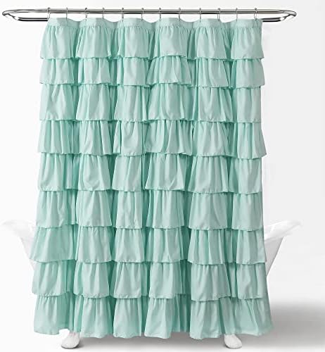 Lush Decor Ruffle Shower Curtain | Floral Textured Vintage Chic Farmhouse Style Design, Light Turquoise, 72" x 72"