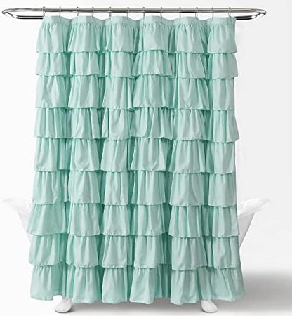 Lush Decor Ruffle Shower Curtain | Floral Textured Vintage Chic Farmhouse Style Design, Light Turquoise, 72" x 72"