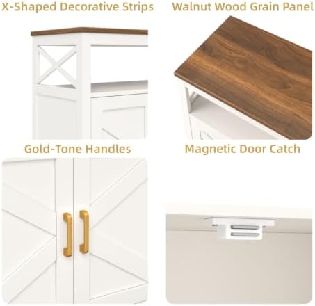 Bathroom Storage Cabinet with Doors, Adjustable Shelf, Wood Top