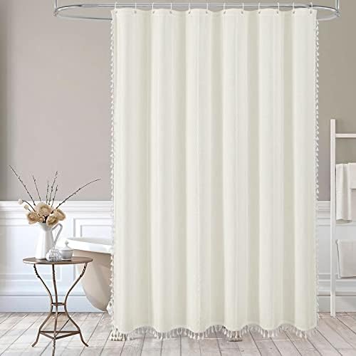 Boho Farmhouse Tassel Linen Shower Curtain,3D Embroidery Stripe Ivory,72x84