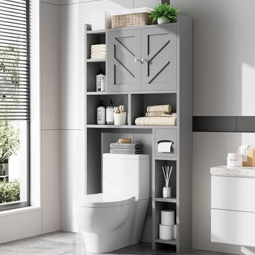 Over the Toilet Storage Cabinet, Freestanding Farmhouse Storage Cabinet Over Toilet, Bathroom Organizer with Paper Holder Stand and Adjustable Shelf, Grey