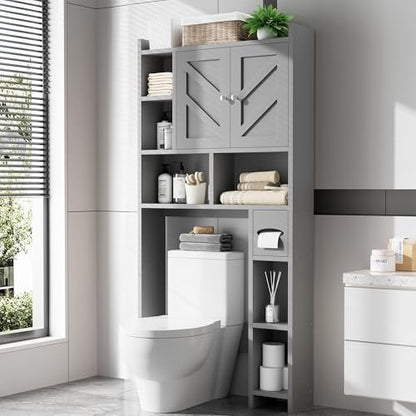 Over the Toilet Storage Cabinet, Freestanding Farmhouse Storage Cabinet Over Toilet, Bathroom Organizer with Paper Holder Stand and Adjustable Shelf, Grey