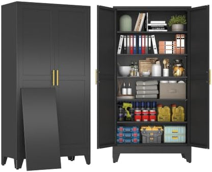 79" Black Metal Storage Cabinet with 2 Doors and 5 Adjustable Shelves,Steel Garage Tool Cabinet, File Cabinet,Kitchen Pantry Cabinet for Home,Office,Garage,School,Warehouse