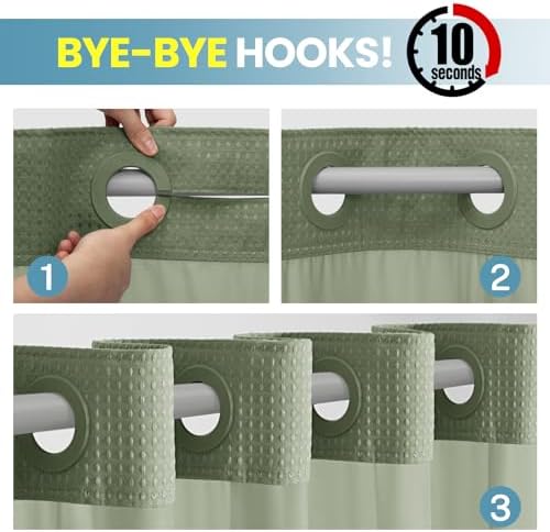 No Hook Waffle Shower Curtain with Snap in Liner Set, 71x86, Sage Green