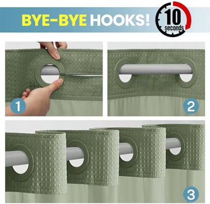 No Hook Waffle Shower Curtain with Snap in Liner Set, 71x86, Sage Green
