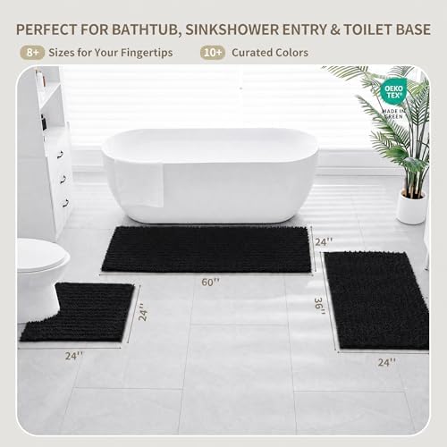 Bathroom Rugs Non Slip Washable 70x24, Extra Thick Soft Chenille Absorbent Bath Mat, High Density Barrier Non Slip Backing, Quick Dry Plush Shaggy Floor Carpet for Tub&Shower, Black