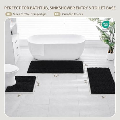 Bathroom Rugs Non Slip Washable 70x24, Extra Thick Soft Chenille Absorbent Bath Mat, High Density Barrier Non Slip Backing, Quick Dry Plush Shaggy Floor Carpet for Tub&Shower, Black