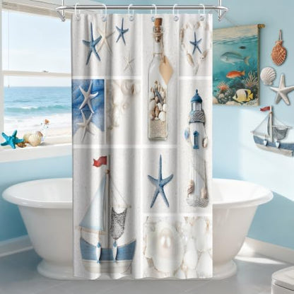 Beach Small Shower Curtain Ocean Modern Nautical Theme Fabric Aesthetic Lighthouse Seashell Bathroom Decor Sets with Grommets and Hooks 36 W x 72 H Inches Blue and White
