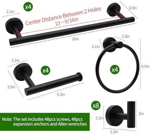 20pcs Bathroom Hardware Set, Matte Black Bathroom Hardware Set, Including 16" Hand Towel Bars, Toilet Paper Holders, Towel Rings, Robe Towel Hooks