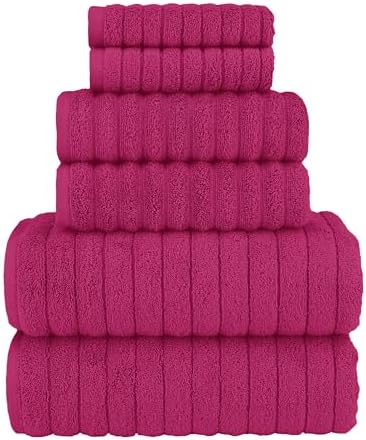 Elegant Comfort 100% Turkish Cotton Corduroy Ribbed Luxury Bath Towels 6-Piece Set, Premium Feel - Quick Dry, Highly Absorbent, Contains 2 Bath Towels, 2 Hand Towels, and 2 Washcloths, Hot Pink
