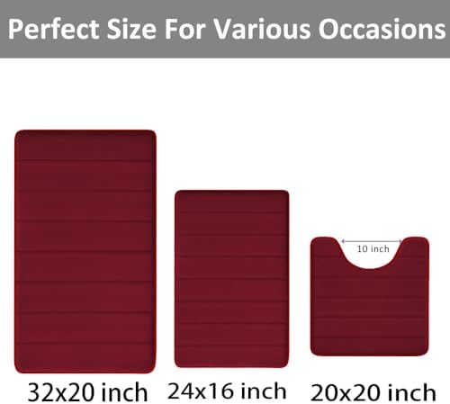 RUN HELIX Burgundy Bathroom Rugs Sets 3 Piece Memory Foam Non Slip Bath Mats for Bathroom Floor and U-Shaped Contour Toilet Rug, Soft Washable Bathroom Mats and Rugs Sets for Toilet Shower Sink