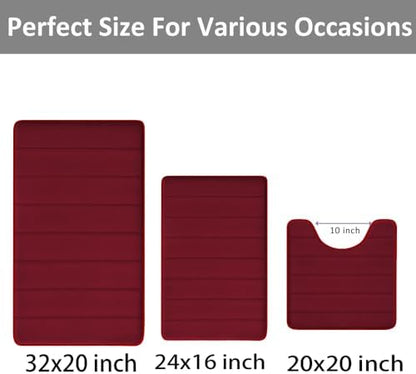 RUN HELIX Burgundy Bathroom Rugs Sets 3 Piece Memory Foam Non Slip Bath Mats for Bathroom Floor and U-Shaped Contour Toilet Rug, Soft Washable Bathroom Mats and Rugs Sets for Toilet Shower Sink