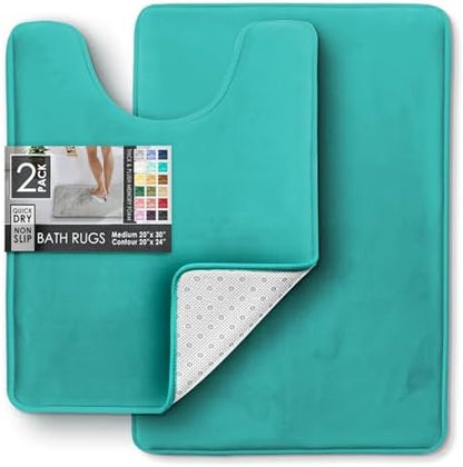 Clara Clark 2 Piece Bathroom Rugs, Velvet Memory Foam Bath Mat Set, Non-Slip Bath Rugs, Machine Wash, Dries Quickly, Ultra Soft Plush Bath Mats for Bathroom, 20 x 32 + Contour, Teal Blue