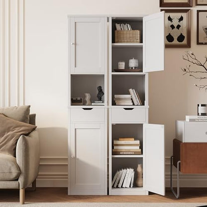 Shintenchi Tall Bathroom Storage Cabinet, Slim Corner Floor Cabinet with Doors and Drawer, Freestanding Narrow Bathroom Organizer with Adjustable Shelves for Small Space, White